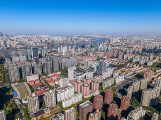 The drone aerial view of Huangpu River and residential district of Pudong, Shanghai. 