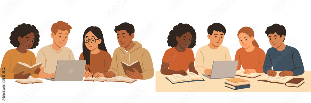 Poster group of diverse students engaged in collaborative study session with laptops and books in a cozy se