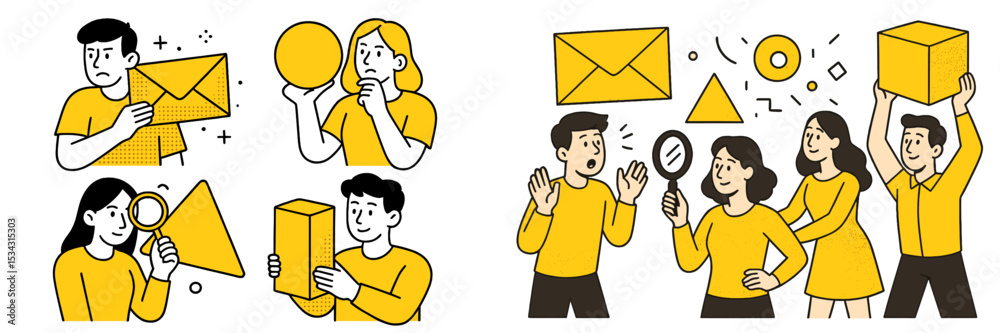Poster vector flat illustration depicting people engaging in various communication and problem-solving acti