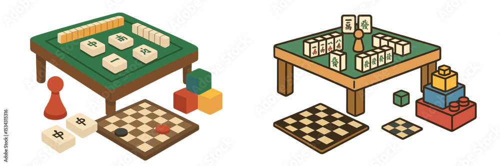 Poster vector flat illustration of traditional board games with pieces and colorful cubes on tables in a ca