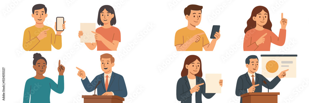 Poster flat vector illustration showing people engaged in presentations, discussions, and technology use in
