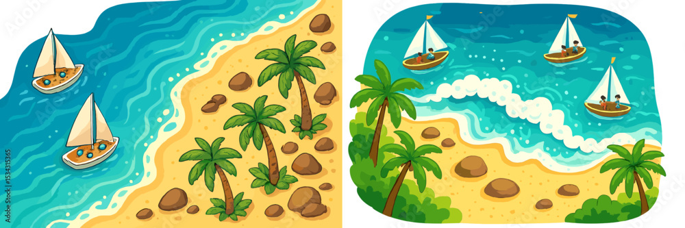 Poster sailboats navigate through clear waters near a tropical beach surrounded by palm trees during a sunn