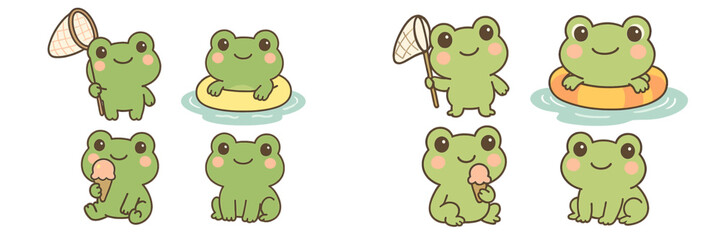 Cute vector flat illustration featuring playful frogs engaging in various fun summer activities by the water