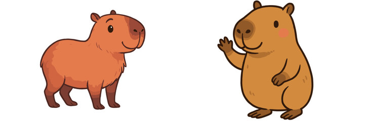 Cute vector flat illustration of two friendly capybaras in a playful pose outdoors during a sunny day