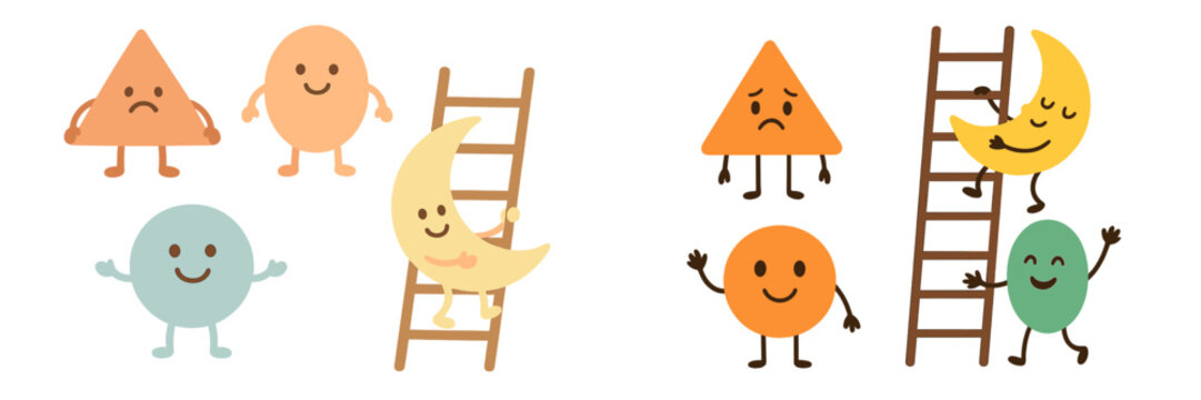 Playful geometric characters climbing ladders in a cheerful flat vector illustration