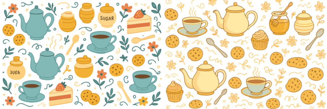 Vector flat illustration of tea, sweets, and cookies with decorative elements for a cozy cafe ambiance