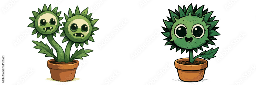 Aufkleber charming vector flat illustration of cute cartoon plants in pots, each with playful faces and unique