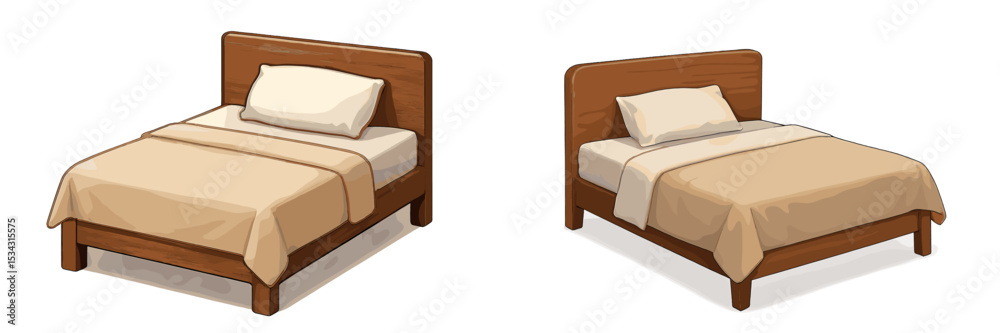 Poster flat vector illustration of two wooden beds with beige bedding in a minimalistic style