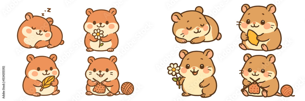 Poster cute hamsters engaged in various activities throughout different seasons illustrated in a charming v