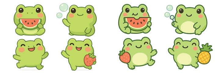 Obraz premium Cute green frogs enjoying fruits and bubbles in a colorful vector flat illustration highlighting playful summer fun