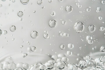 White background with water drops, bubbles, circular shapes, abstract reflective texture art.