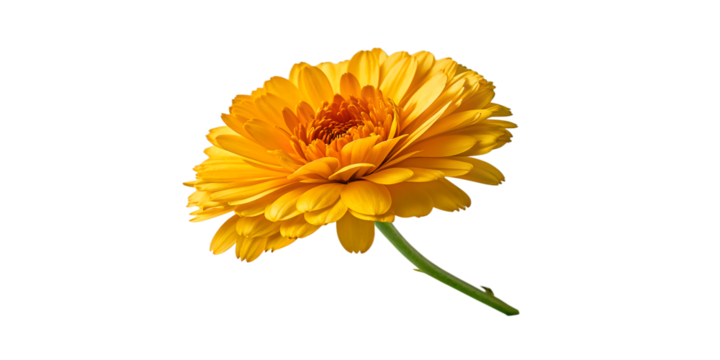 Close-up of a vibrant yellow gerbera daisy blossom with delicate petals, isolated on a clean transparent background.