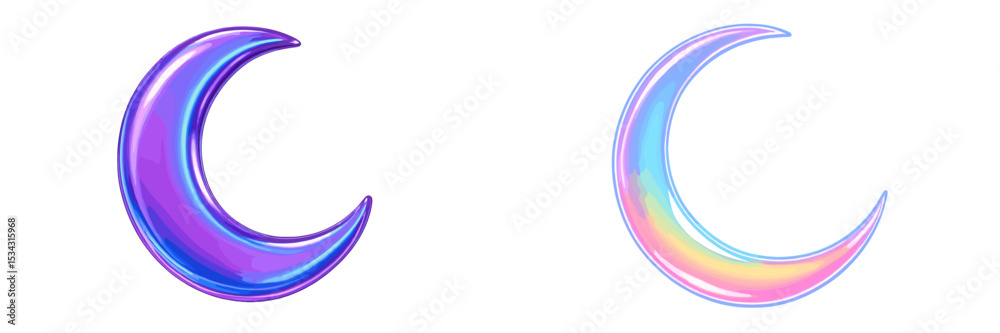 Poster colorful vector flat illustration of two crescent moons with a shiny gradient effect, showcasing vib