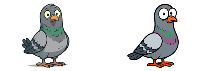 Obraz premium Colorful vector flat illustration of cartoon pigeons standing side by side in a playful urban setting during the day