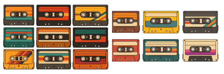 Fototapeta premium Colorful vintage cassette tapes arranged in a flat vector illustration depicting retro music culture in a playful manner
