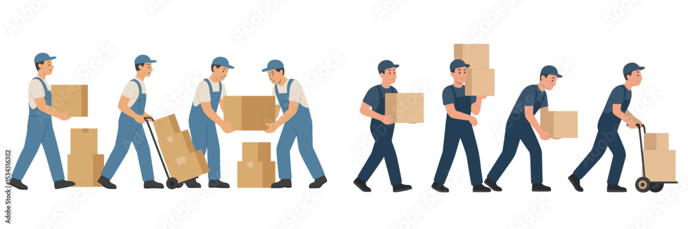 Poster illustration of workers transporting boxes in a warehouse setting during daytime