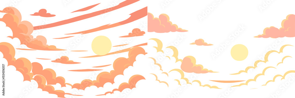 Poster sky with colorful pastel clouds and a glowing sun during sunset in a serene landscape setting