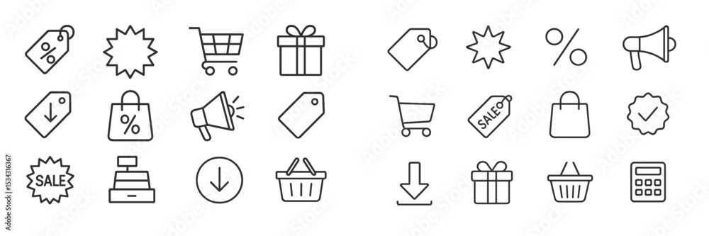 Aufkleber collection of minimalistic sale and shopping icons for digital and print design applications