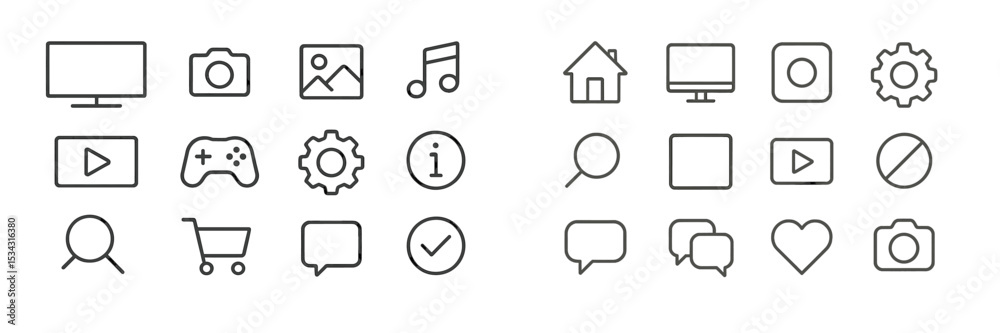 Aufkleber Collection of simple line icons representing various digital activities and objects for web design and applications