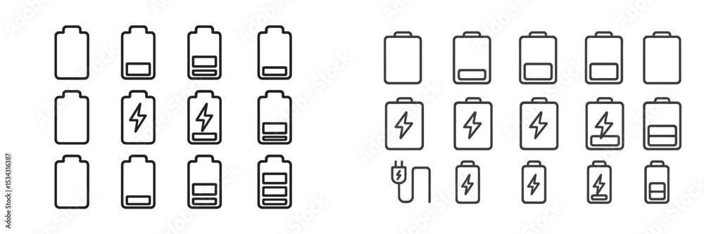 Aufkleber different battery icons showcasing various charge levels and symbols for charging status, ideal for 