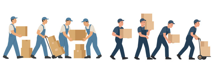Illustration of workers transporting boxes in a warehouse setting during daytime