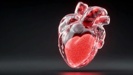A stunning glass heart sculpture filled with a shimmering red liquid, symbolizing love and vitality in a creative way.