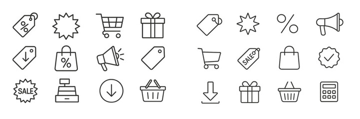 Collection of minimalistic sale and shopping icons for digital and print design applications