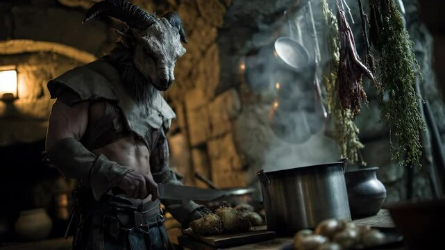 A mysterious horned creature cooking in a medieval fantasy setting.