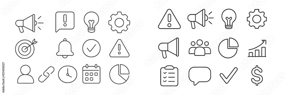 Poster vector flat illustration of various business and communication icons highlighting alerts, productivi