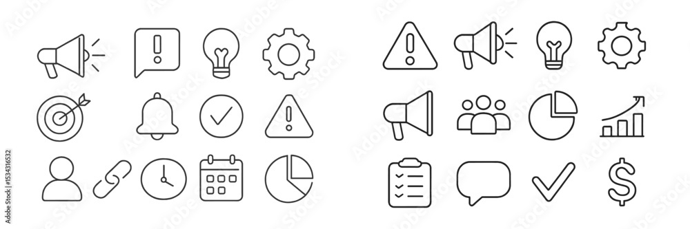 Poster vector flat illustration featuring various icons symbolizing communication, planning, and analytics 