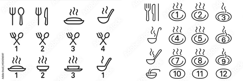 Poster Vector flat illustration of various dining utensils and steaming dishes arranged in a grid format