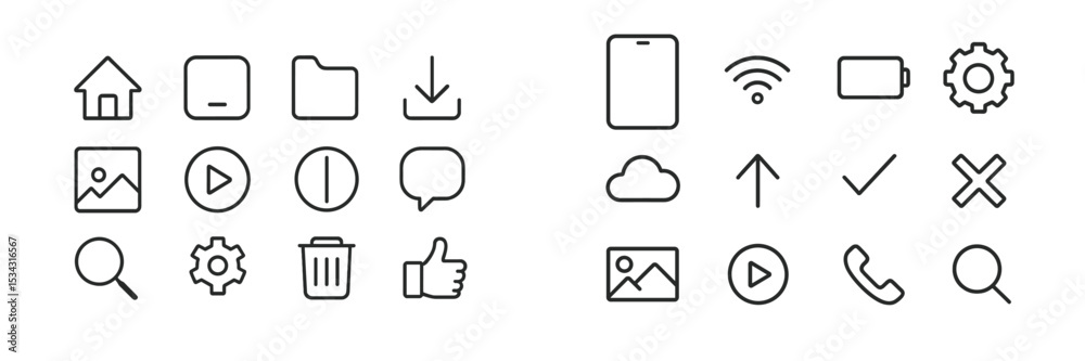 Aufkleber Vector flat illustration of various user interface icons arranged in rows showcasing common symbols for navigation and interaction