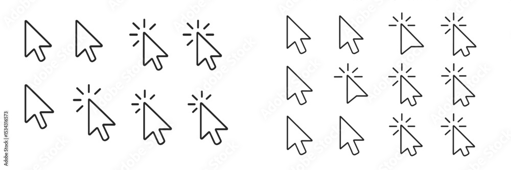 Poster Collection of vector flat illustrations depicting various cursor icons and mouse pointer designs for digital interfaces
