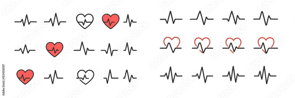 Aufkleber Heartbeat patterns represented through modern vector flat illustrations showing various heart designs and pulse lines