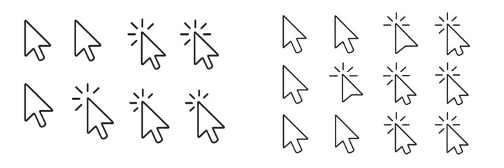 Collection of vector flat illustrations depicting various cursor icons and mouse pointer designs for digital interfaces