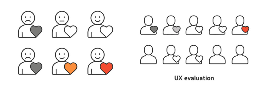Vector flat illustration of user experience evaluation with emoticons expressing various feelings towards feedback