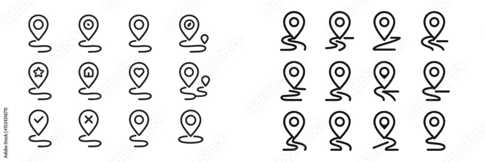 Aufkleber Multiple vector flat illustrations of location pins, showcasing various symbols and designs for navigation and mapping