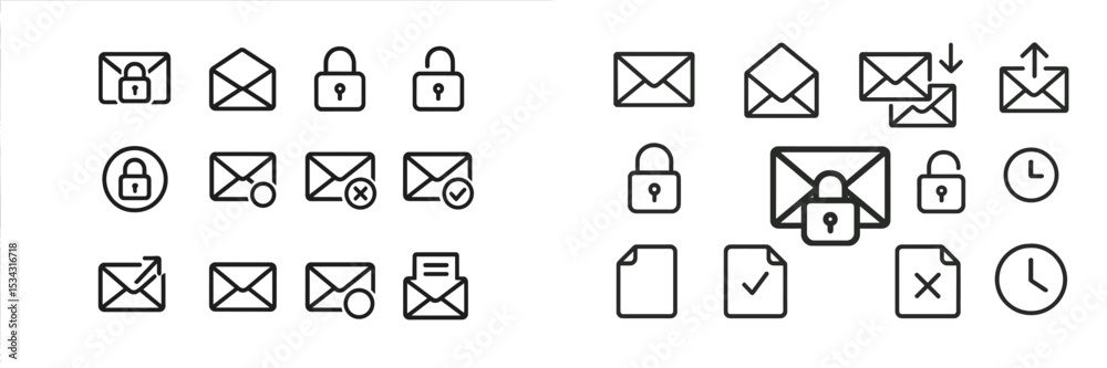 Poster Collection of vector flat illustrations depicting secured and unsecure email icons with various features and symbols