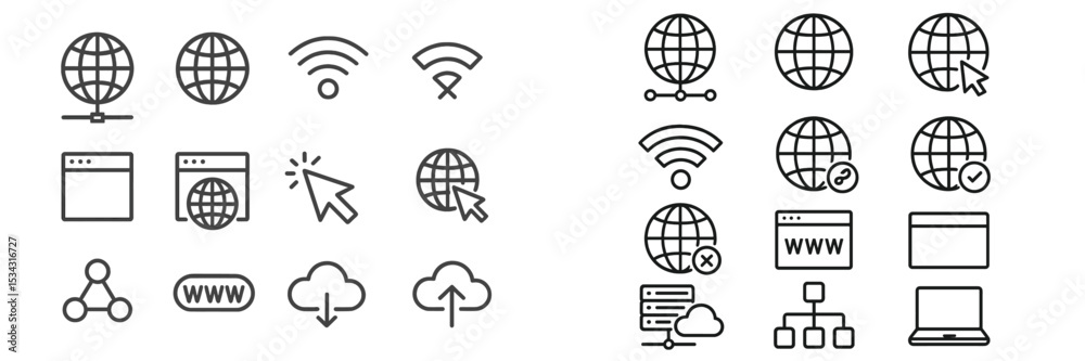 Poster Vector flat illustration of web icons representing internet connectivity and digital interactions in a modern design style
