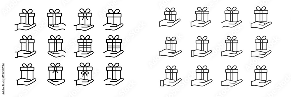 Poster collection of flat vector illustrations depicting hands presenting various gift boxes in a playful a