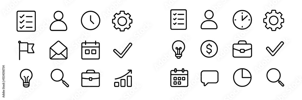 Poster collection of vector flat illustrations depicting various business and productivity icons for organi
