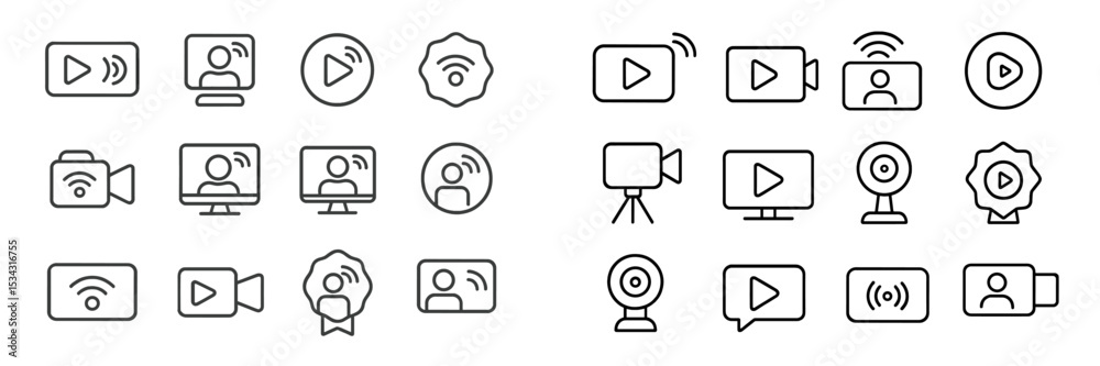 Poster Flat vector illustration of multimedia and video streaming icons representing various digital communication tools and activities