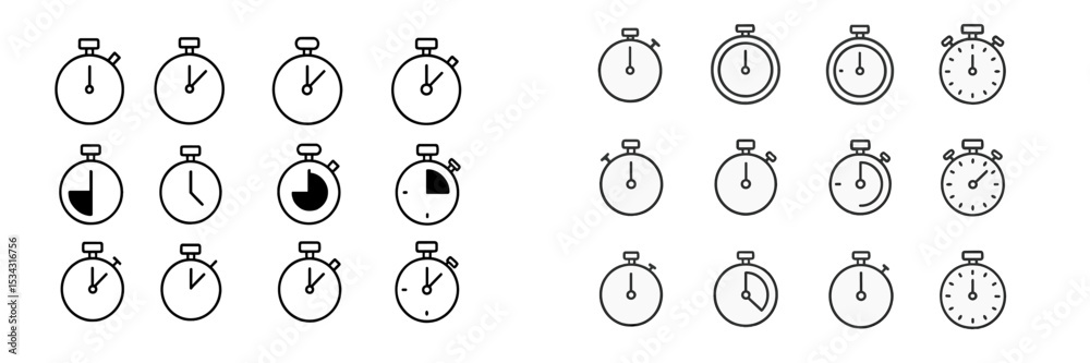 Poster vector flat illustration of various stopwatch designs demonstrating different timings and styles