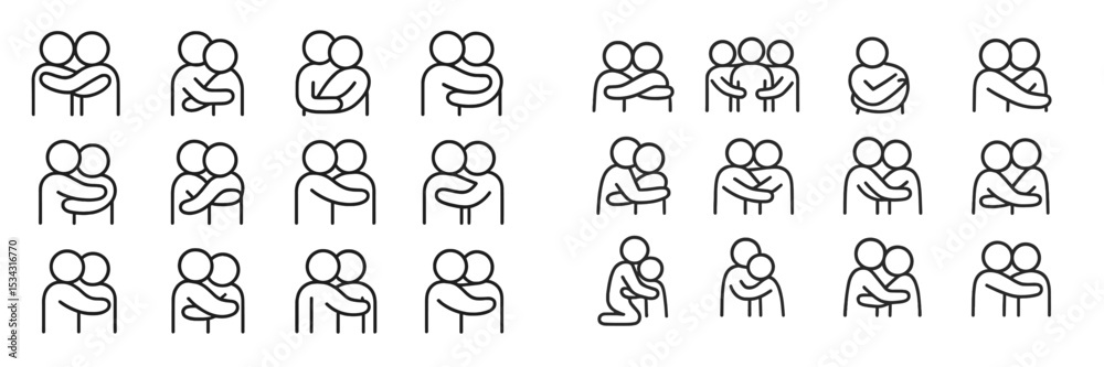 Poster Various representations of couples showing love and affection through hugs and embraces in simple vector style