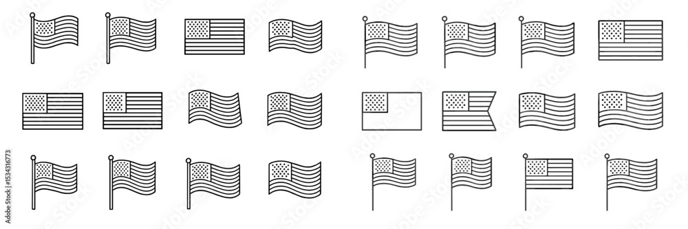 Poster Multiple vector illustrations of American flags in various styles and orientations, showcasing a clean and minimalist design approach
