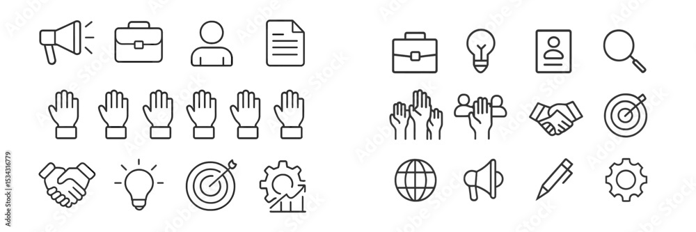 Poster Vector flat illustration of business and teamwork icons representing collaboration and innovation in a workplace environment
