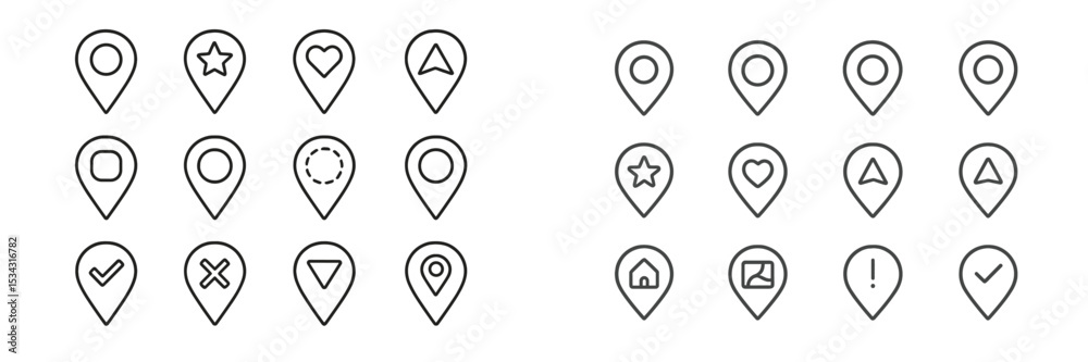 Poster Vector flat illustration of diverse location markers in various shapes and designs arranged in a grid pattern