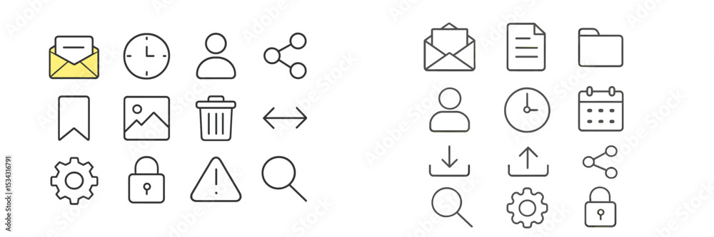 Aufkleber flat vector illustration featuring various icons related to communication, organization, and securit