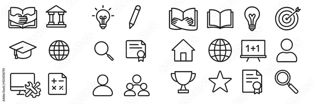 Poster exploring education and learning through diverse vector icons representing knowledge, achievement, a