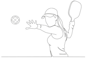 Minimalist continuous line art of a female athlete playing pickleball. The woman is in action pose, holding a paddle and reaching towards the ball.